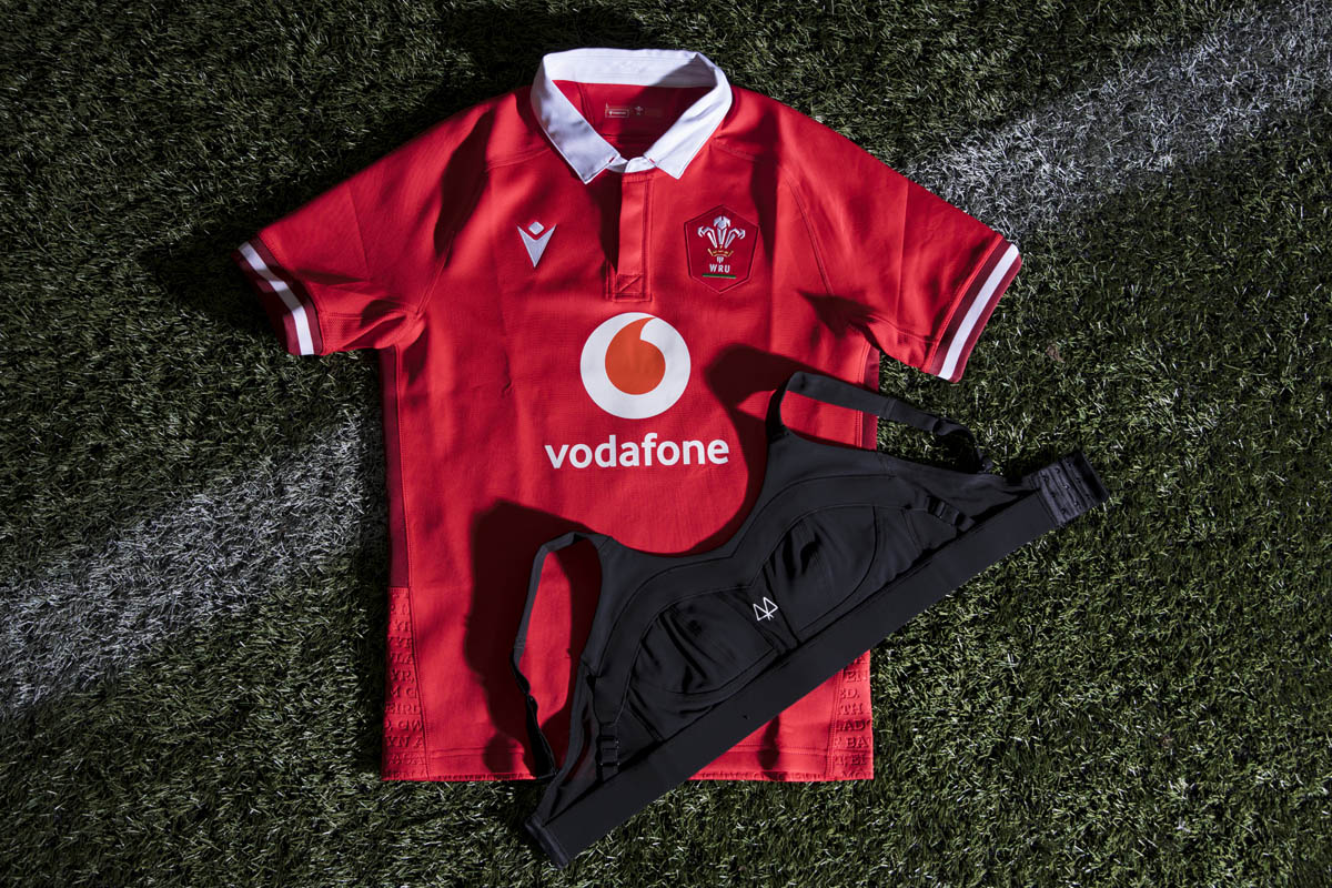 MAAREE Black Solidarity Sports Bra overlay on Welsh Rugby Union Shirt on turf
