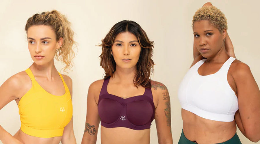 Three strong women in Maaree sports bras of different colours
