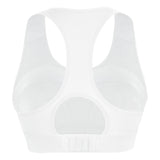 Back of White Medium-Impact Sports Bra, showing the racerback design and slot and snap clasp