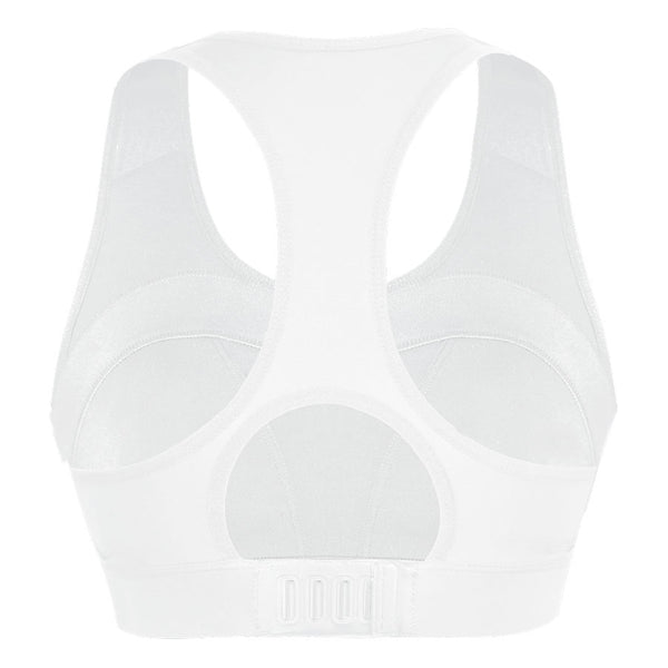 Back of White Medium-Impact Sports Bra, showing the racerback design and slot and snap clasp