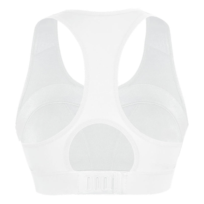 Back of White Medium-Impact Sports Bra, showing the racerback design and slot and snap clasp