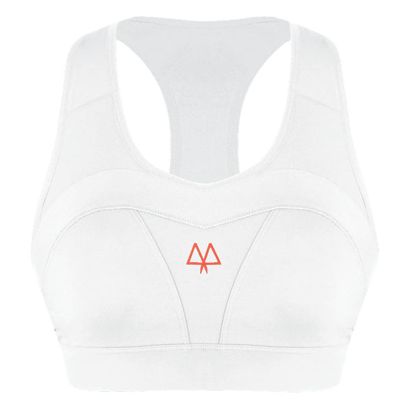 White Medium Support Sports Bra featuring Overband Technology, designed to reduce upwards breast motion