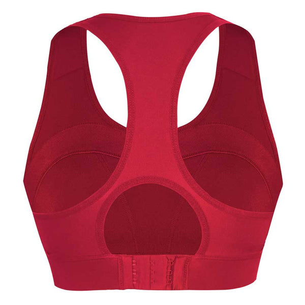 Rear View of Medium Impact and Support Sports Bra in Cherry Red